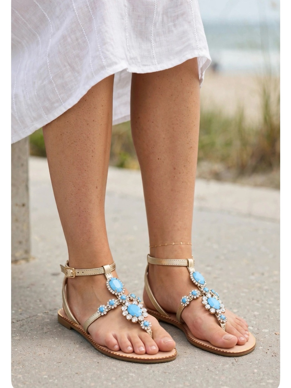 Lilly Pulitzer Katie Embellished Bermuda Blue/Gold Leather Sandals Sz 7 1/2